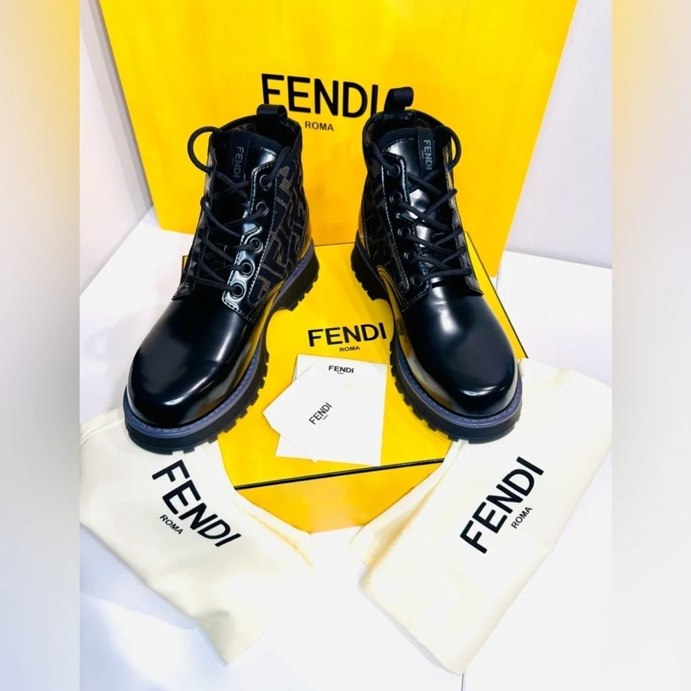 Fendi Force FF Biker Ancle Boots Calf and Goat Leather Size EU-10 New with Box!